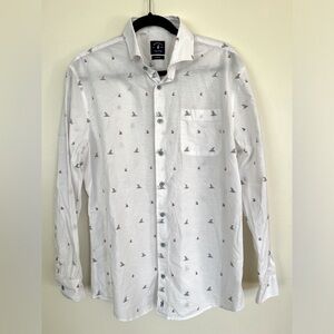 Men’s Johnnie-O White Embroidered Sailboat Linen Top Shelf Long Sleeve Size L